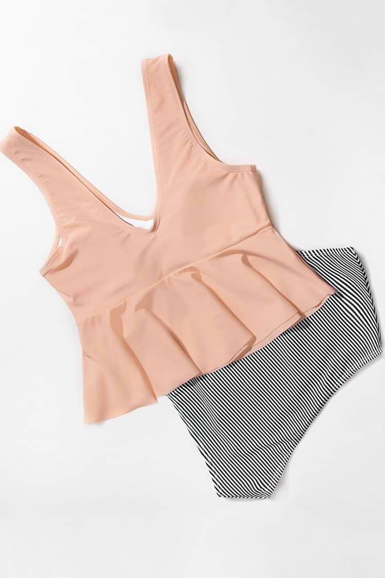 Bikini Rayas Péplum Rosa