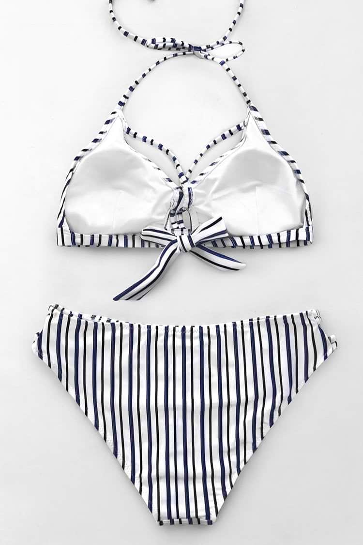 Bikini Halter Rayas Blancas & Azules Marinos