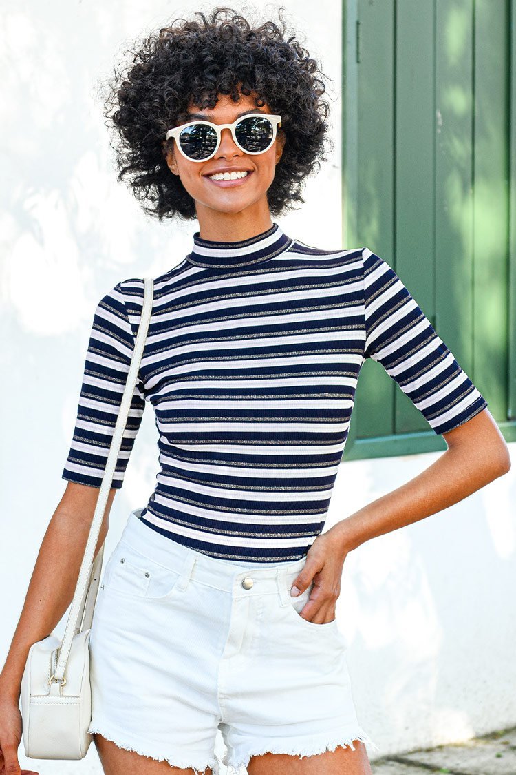 Jazmyn Rib Striped High Neck Bodysuit