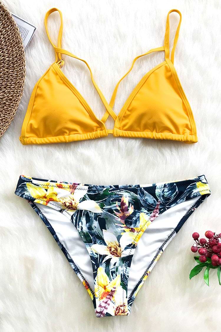 Bikini Amarillo Floral Tiras Cruzadas
