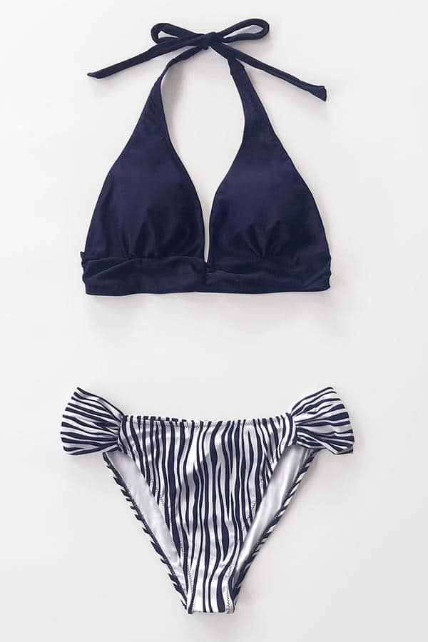 Bikini con V-escote sin mangas liso y a rayas azul marino