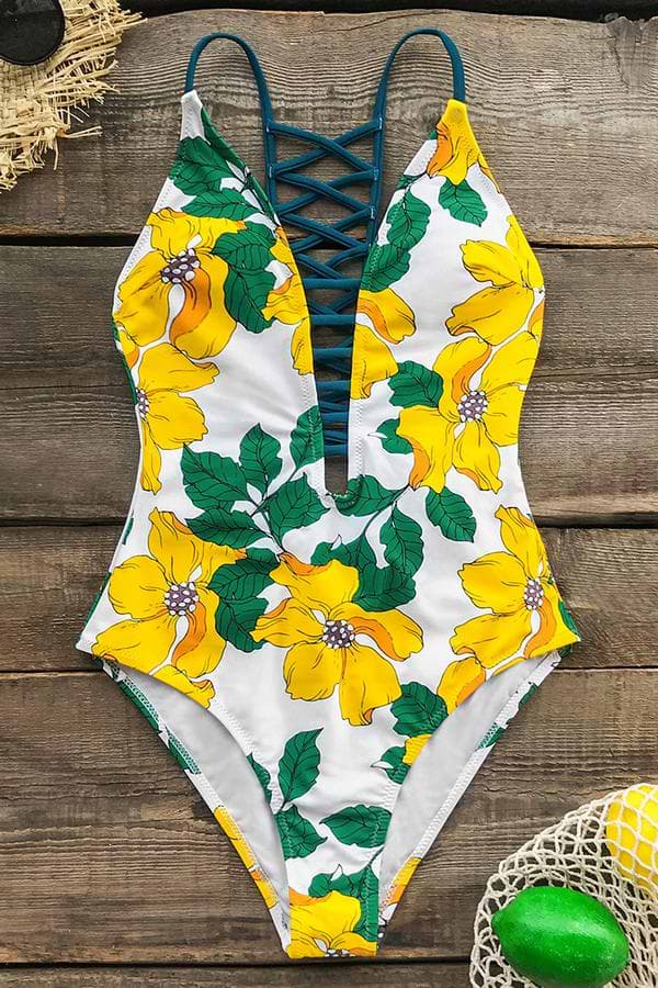 Bañador con escote V profundo con cordones florales