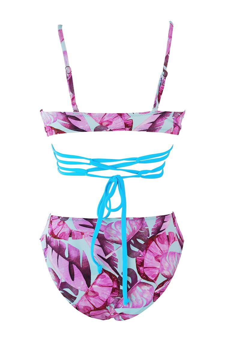 Bikini con tiras de hojas moradas y azules