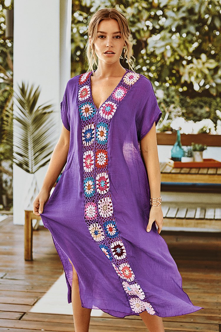 Maxi Cover Up púrpura con crochet colorido