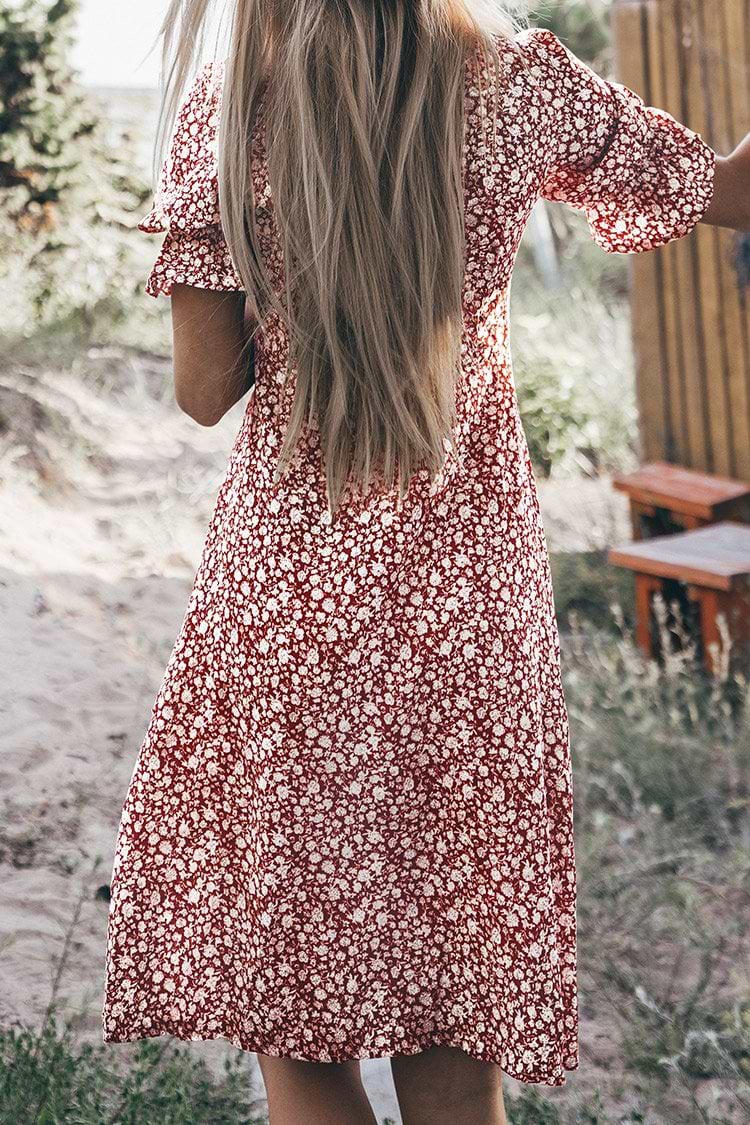 Vestido de Nudo Delantero Floral Rojo Ditsy