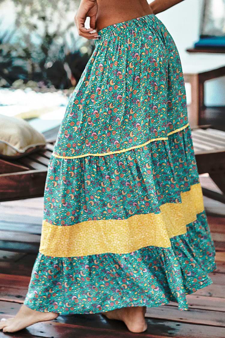 Falda Larga Floral Azul Marino Y Amarilla