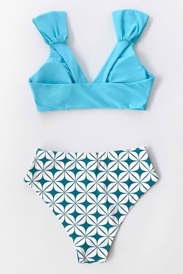 Bikini con cuello en V geométrico azul