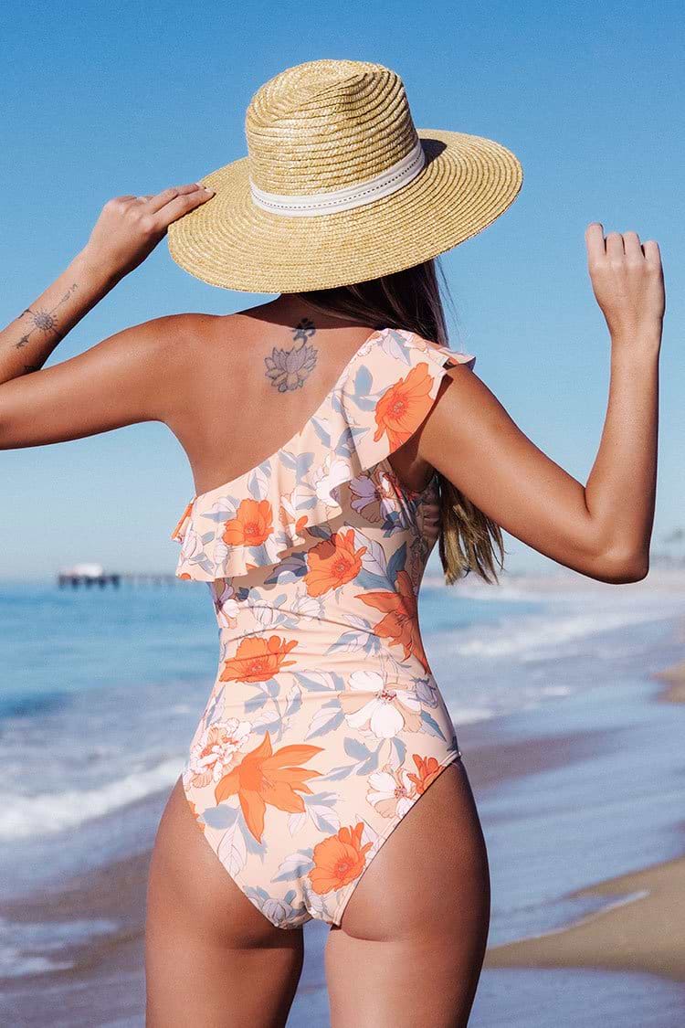 Floral Ruffled One Shoulder One Piece Swimsuit-Pink