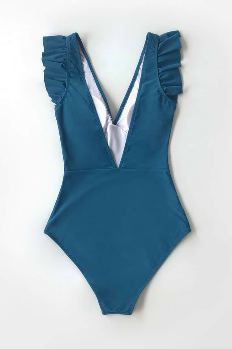 Summer Seaside Ruffled Plunge One Piece Swimsuit