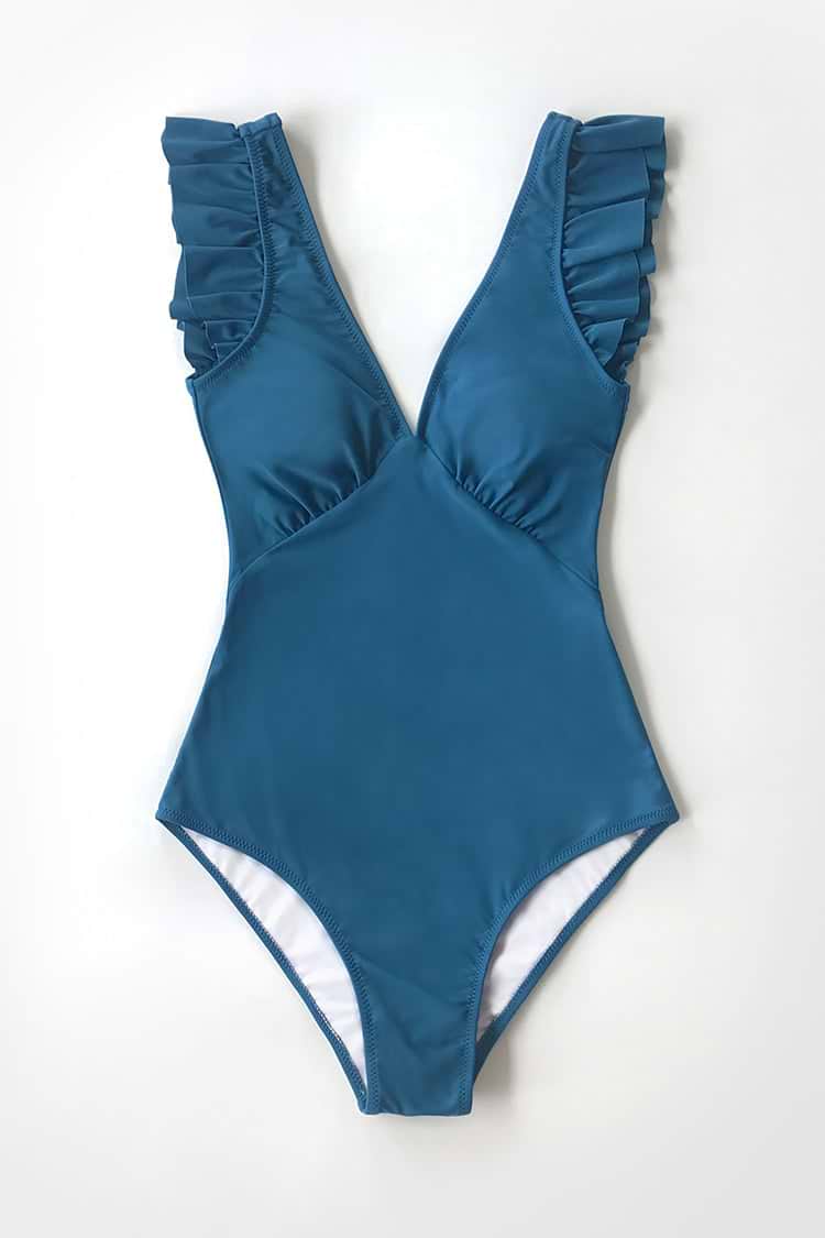 Summer Seaside Ruffled Plunge One Piece Swimsuit