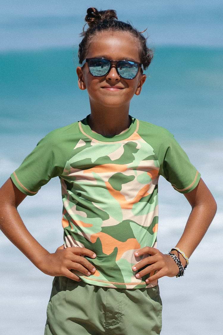 Boys Green Short Sleeve Camouflage Rashguard Swim Top