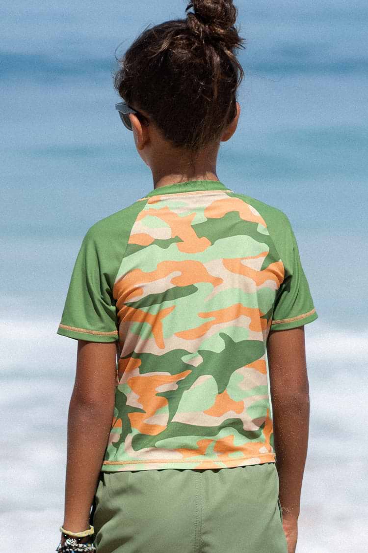 Boys Green Short Sleeve Camouflage Rashguard Swim Top