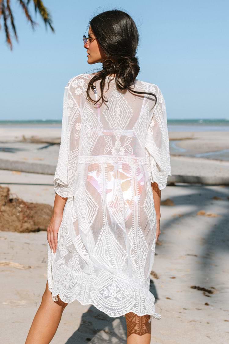 Cover Up Escote V Mangas medias Bordado