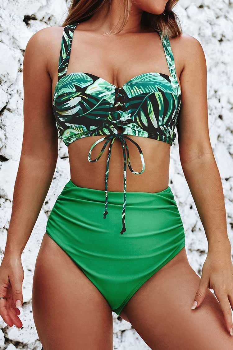 Bikini verde de hojas Lace Up Cintura alta