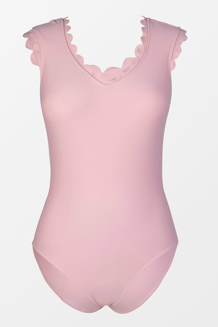 Bañador rosa festoneado Escote V