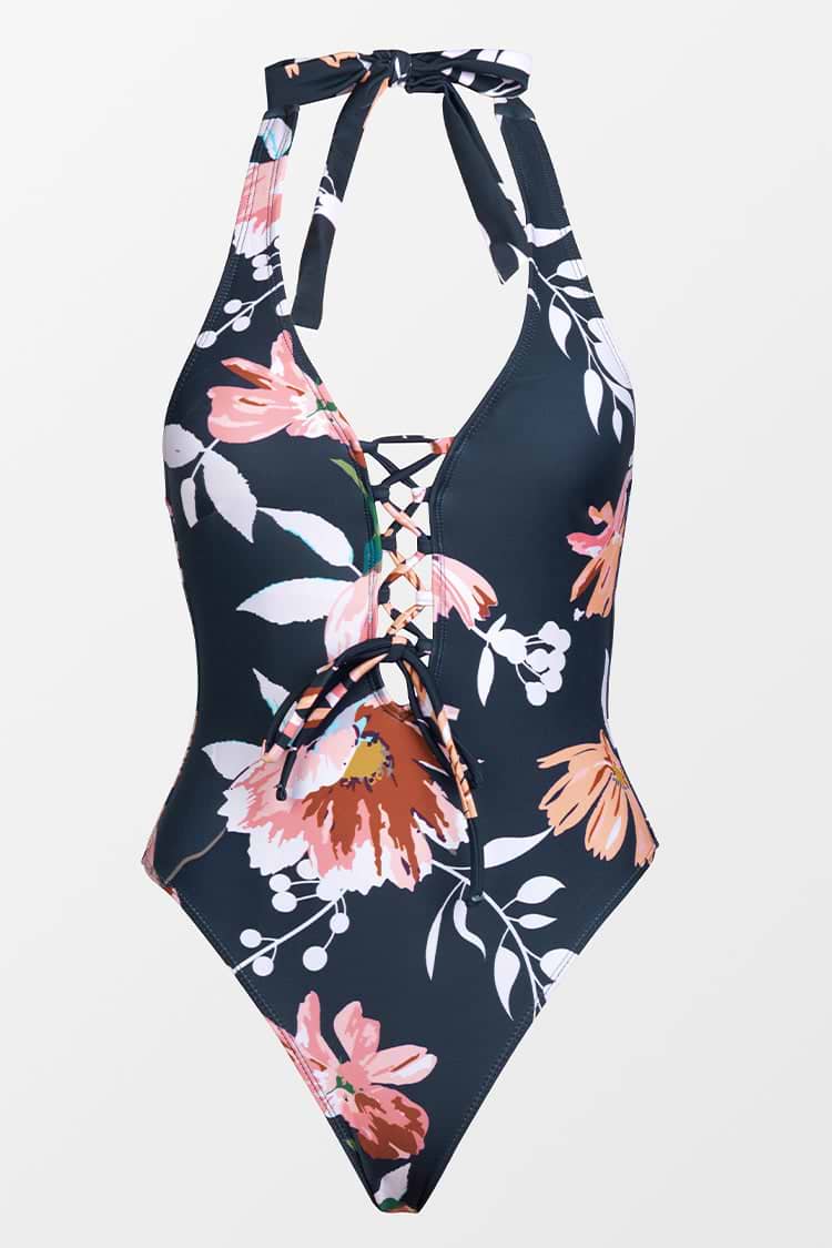 Bañador floral Escote halter Lace-up