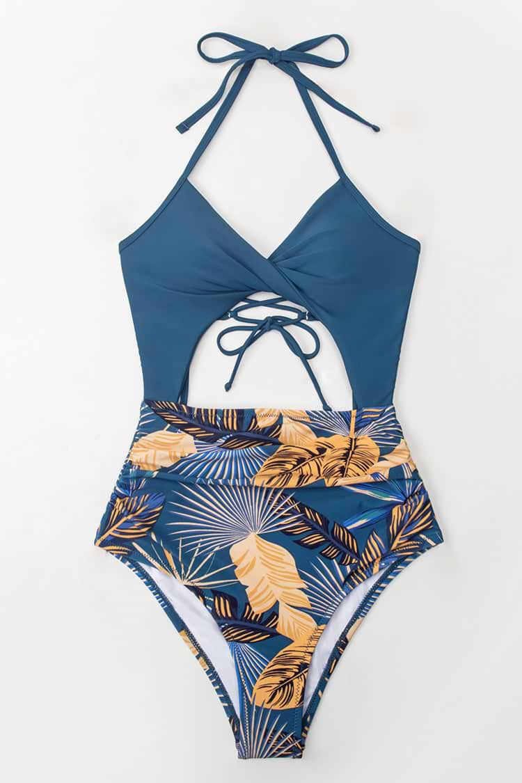 Bañador floral con recorte y frente torcido