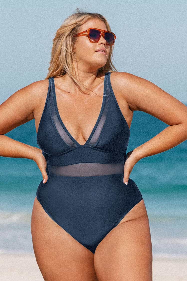 Omniscient Navy Solid Wrap Front Plus Size One Piece Swimsuit