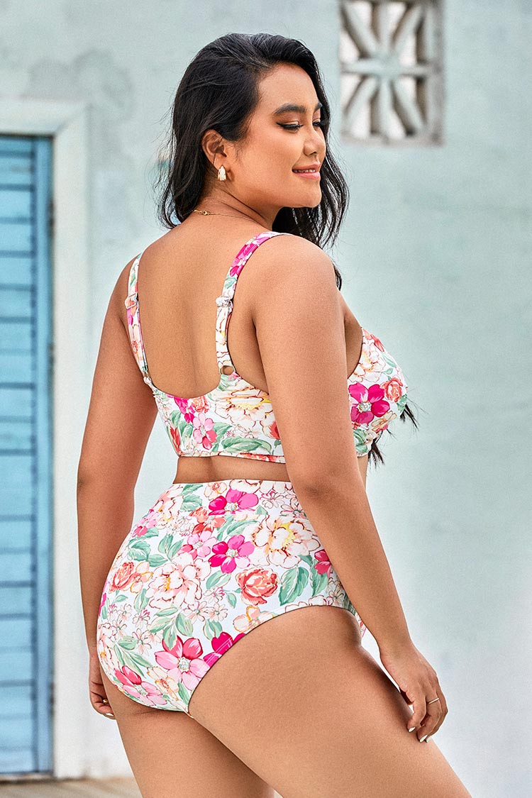 90’s Floral Wrap Banded Tummy Control High Waist Plus Size Bikini