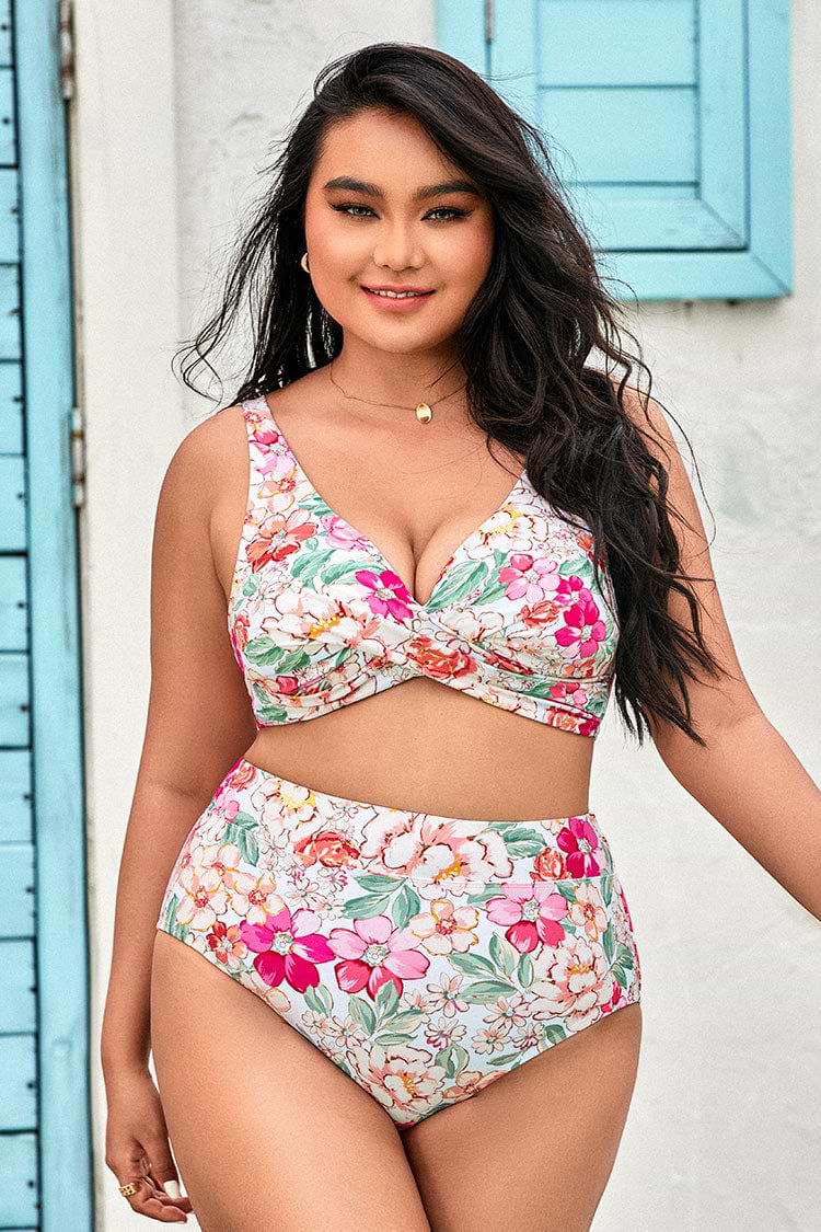 90’s Floral Wrap Banded Tummy Control High Waist Plus Size Bikini