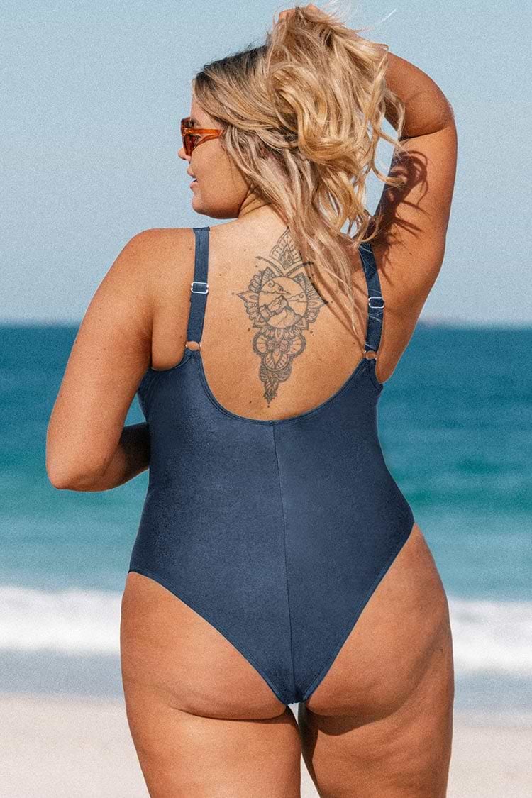 Omniscient Navy Solid Wrap Front Plus Size One Piece Swimsuit