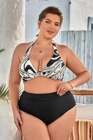 Plus Size Tummy Control Halter Molded Bikini Swimsuit-Cupshe UK