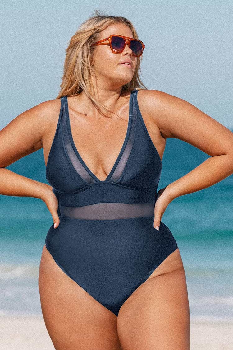Omniscient Navy Solid Wrap Front Plus Size One Piece Swimsuit