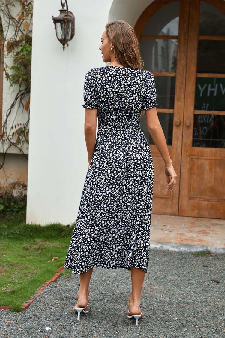 Ditsy Kleid mit V-Ausschnitt und elastischer Taille