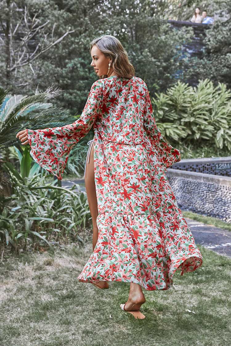 Kimono de plage fleuri ouvert sur le devant à nouer