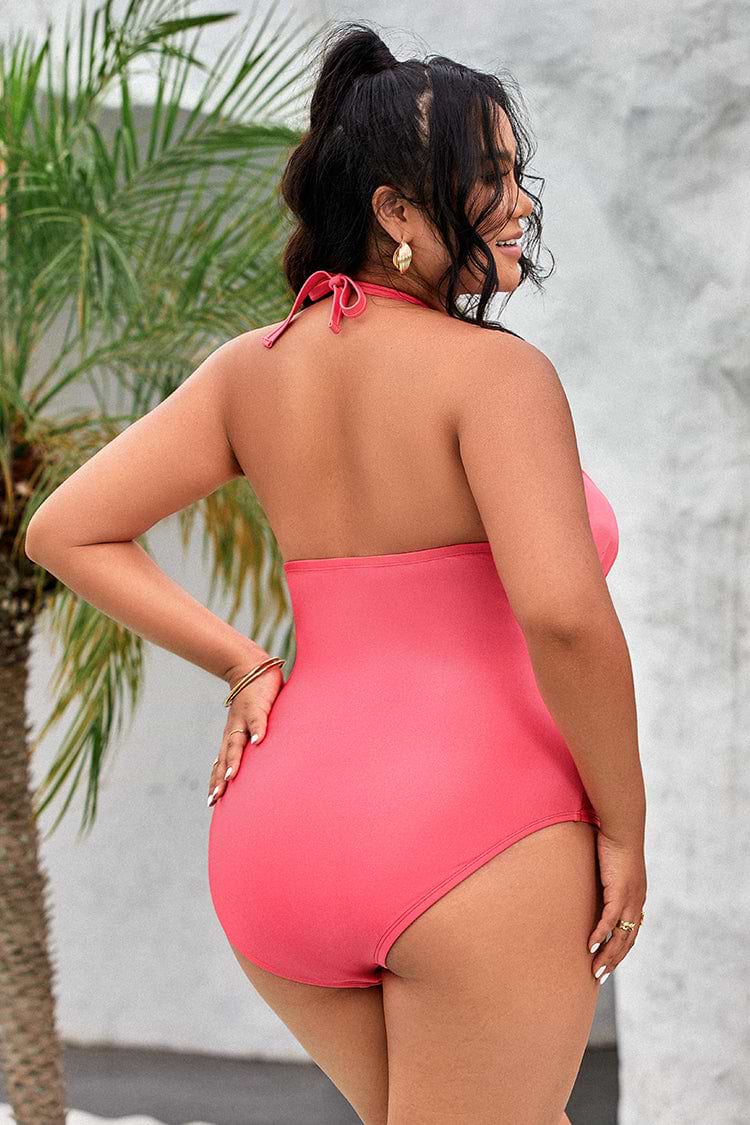 Vapor Wave High Neck Bow Tie Tummy Control Pink Plus Size One Piece