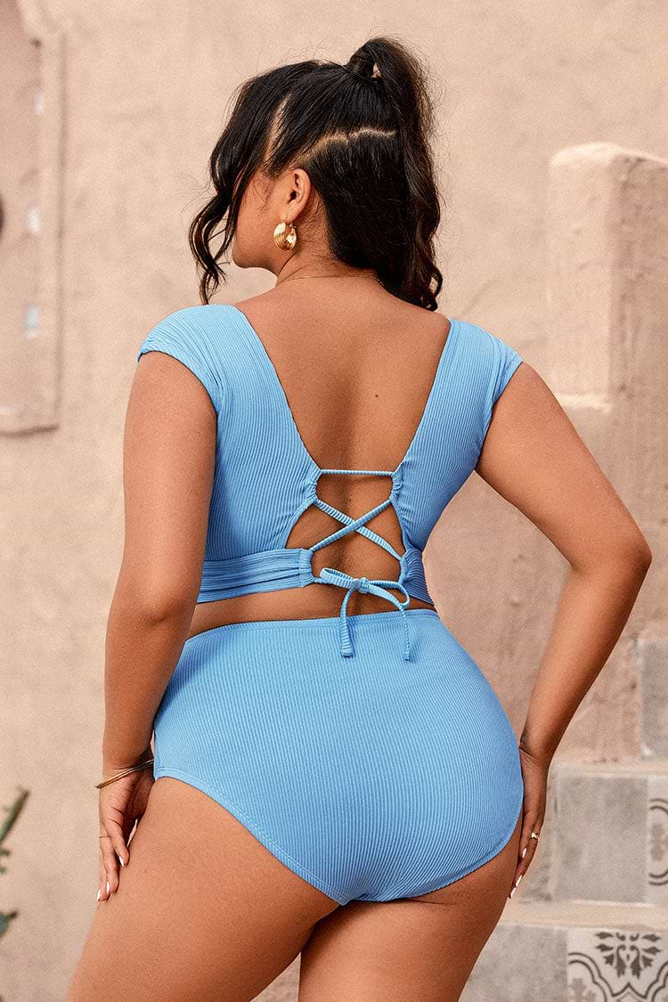 Plus Size Texture Cap Sleeve High Waist Tummy Control Bikini Swimsuit