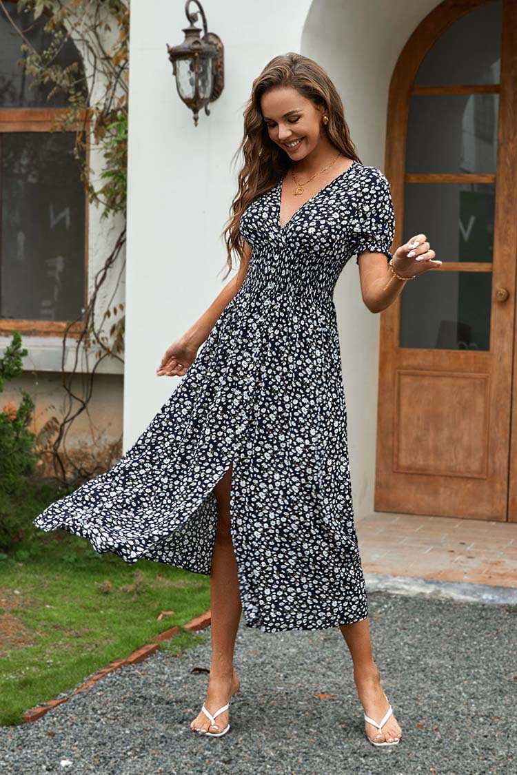 Hermine V-neck Ditsy Elastic Waist Dress