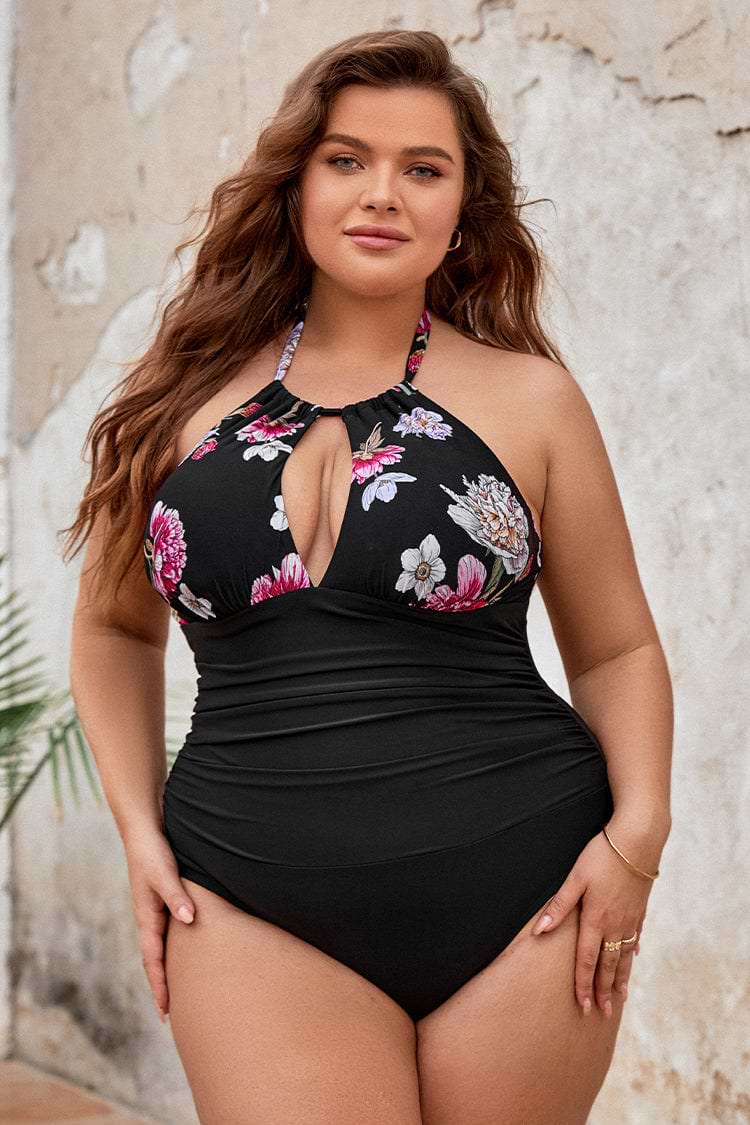 Plus Size Tummy Control Cutout High Neck Tunnelled One Piece