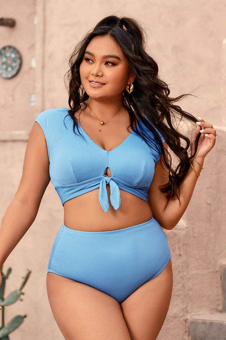 Plus Size Texture Cap Sleeve High Waist Tummy Control Bikini Swimsuit