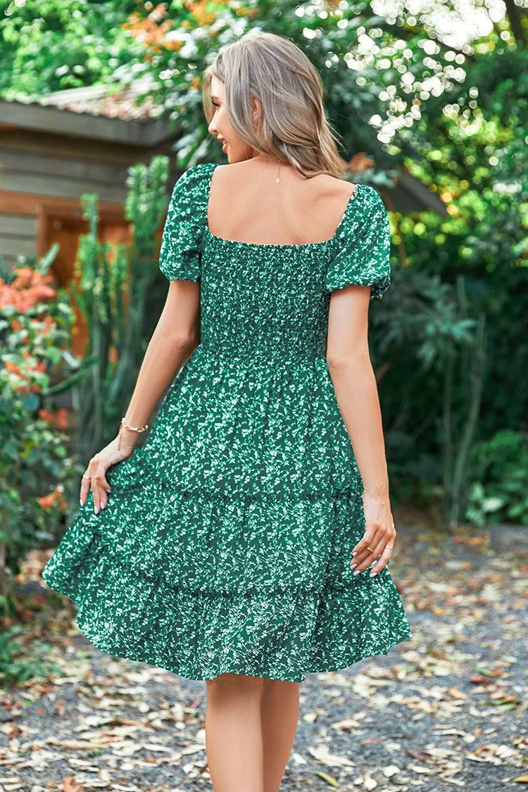 Vestido Ditsy en forma de V Escote cuadrado Mangas abullonadas