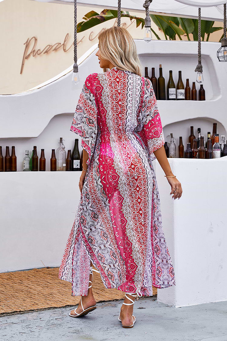 Kimono de plage imprimé ethnique à col en V