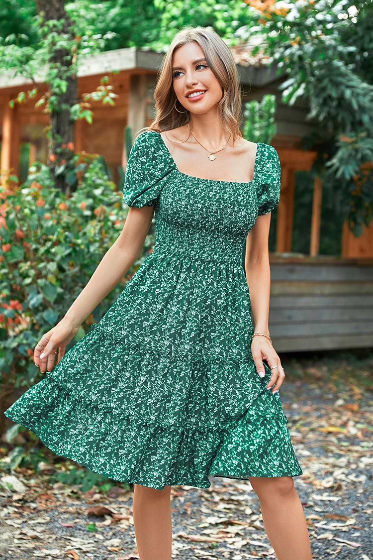 Vestido Ditsy en forma de V Escote cuadrado Mangas abullonadas