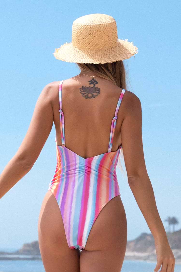 Vapor Wave Sash Square Neck One Piece Swimsuit