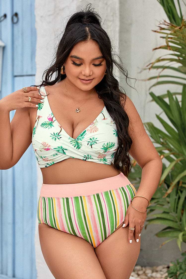 Bralette in Wickeloptik und Gebändertes tropisches Bikini-Set mit High Waist