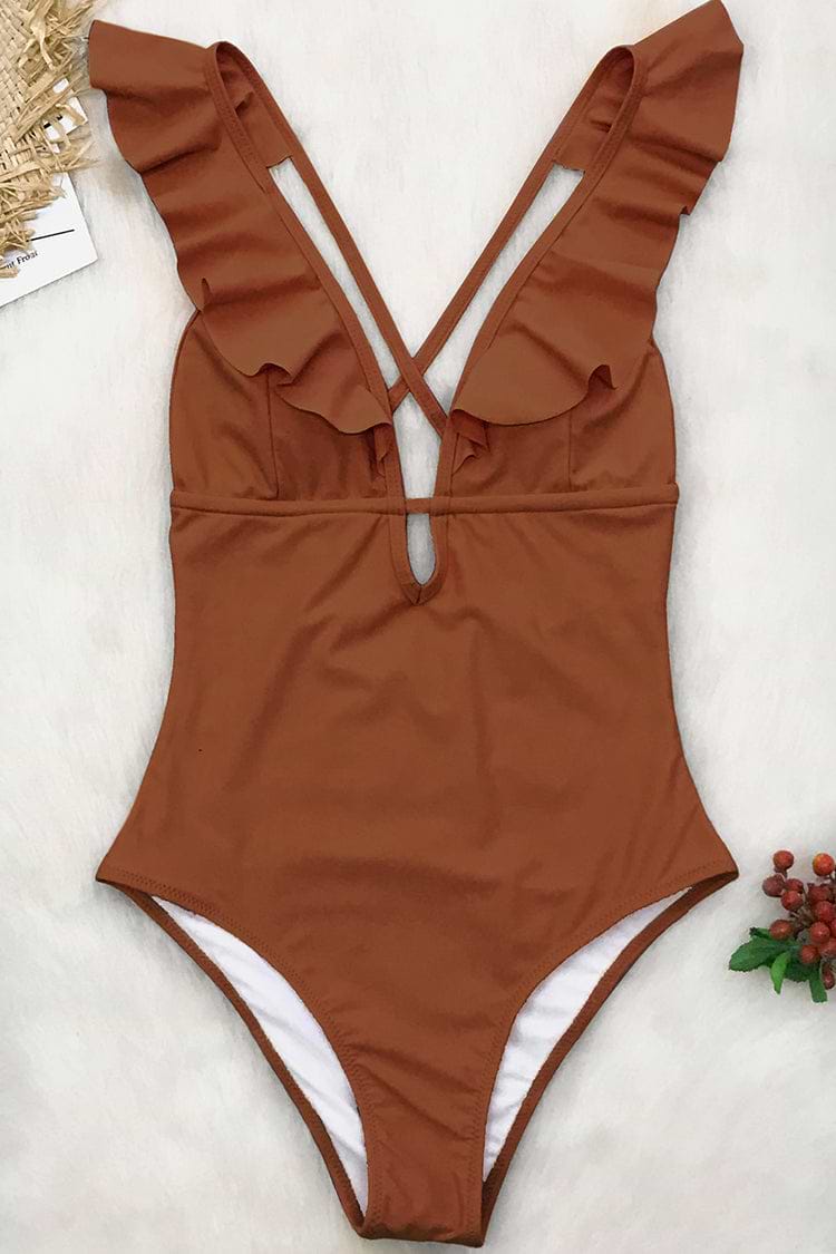 Ruffle Deep V Neck Strappy One Piece Swimsuit