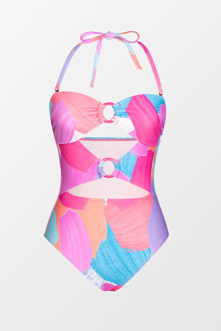 Vapor Wave Double Ring Front  Cutout One Piece Swimsuit