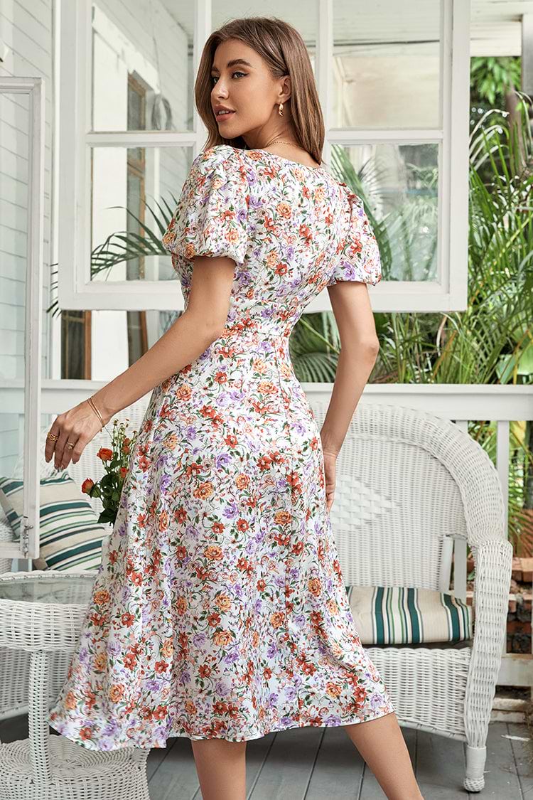 Robe trapèze à manches bouffantes et col en V zippée