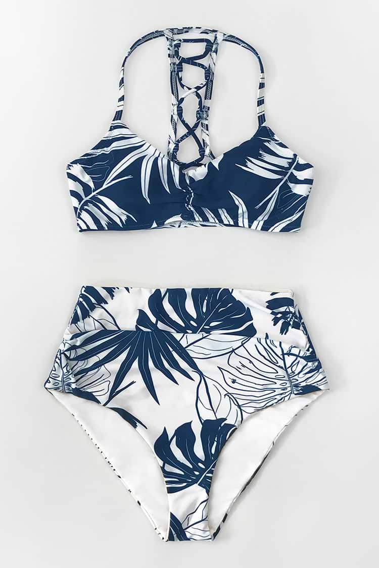 Blauer und weißer belaubter High Waisted Bikini