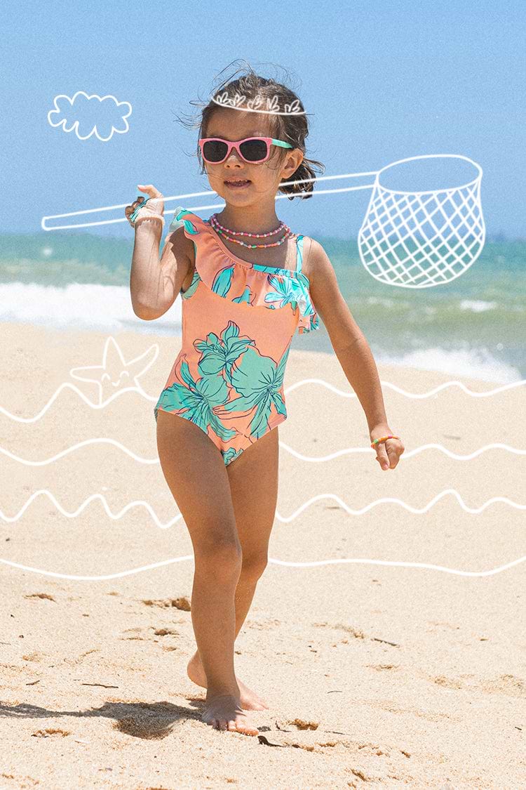 Girl's Blooming Flowers Ruffle One Shoulder One Piece Swimsuit