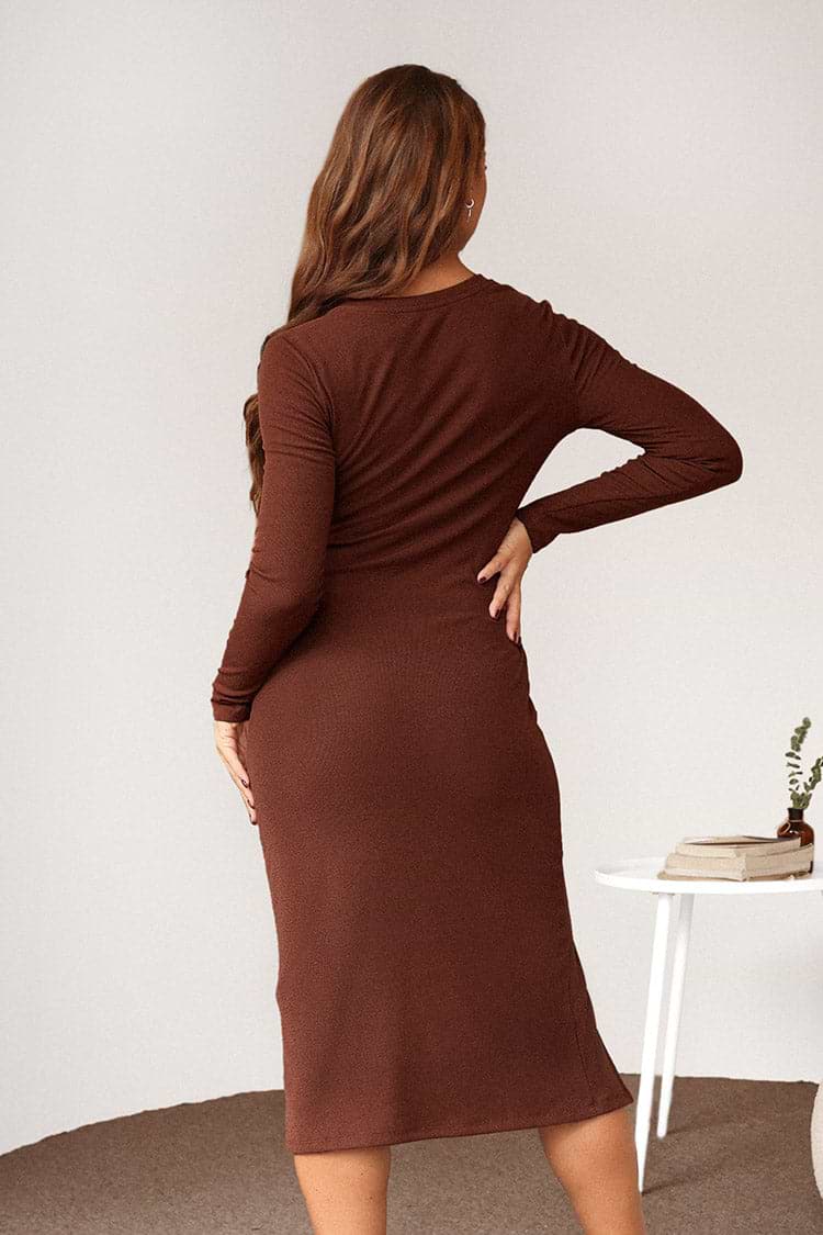 Savanah Brown V-neck Ruched Split Dress