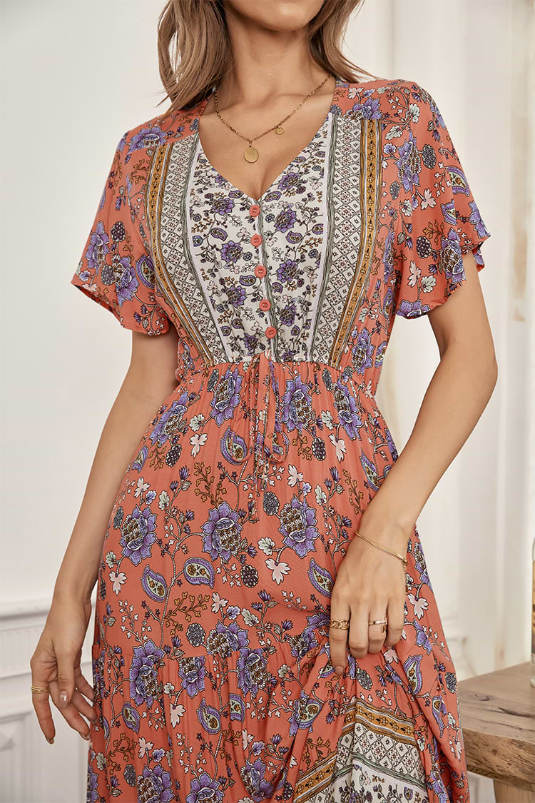 A-förmiges Kleid mit V-Ausschnitt und Boho-Bindung