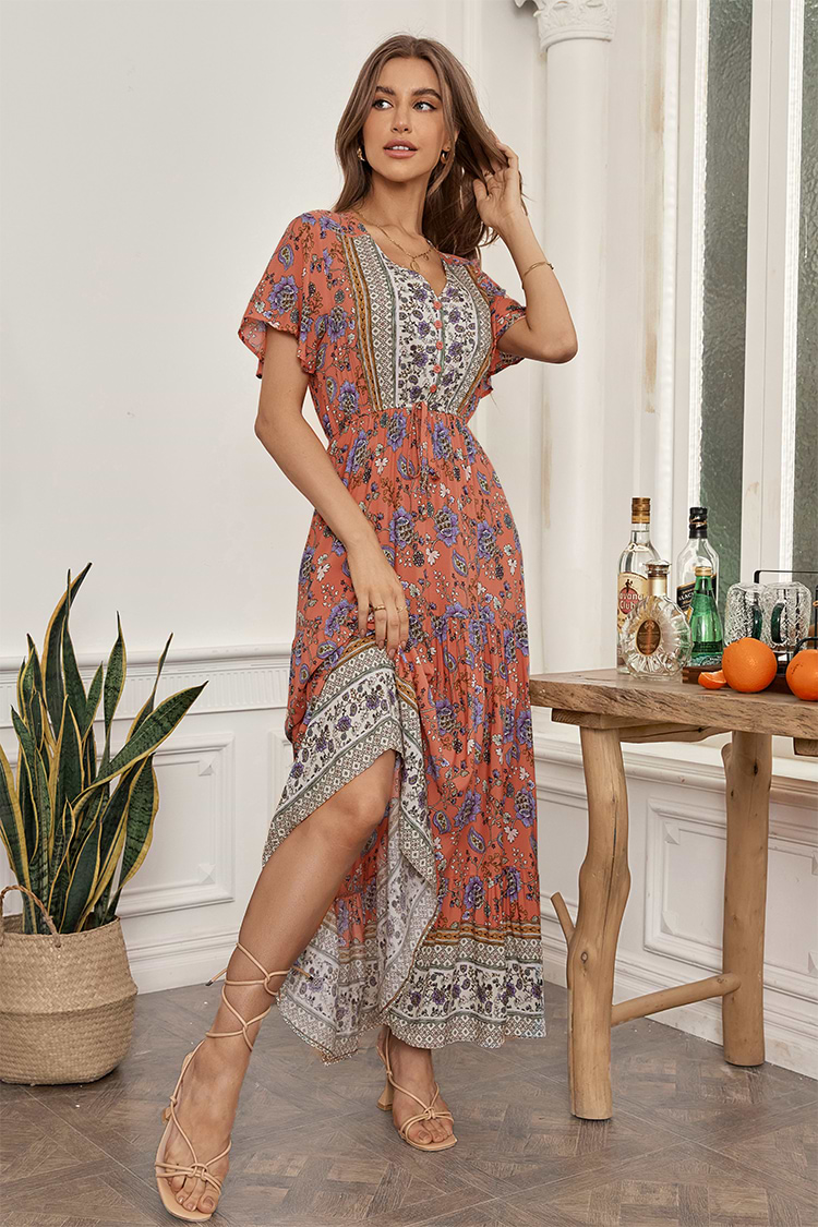 A-förmiges Kleid mit V-Ausschnitt und Boho-Bindung