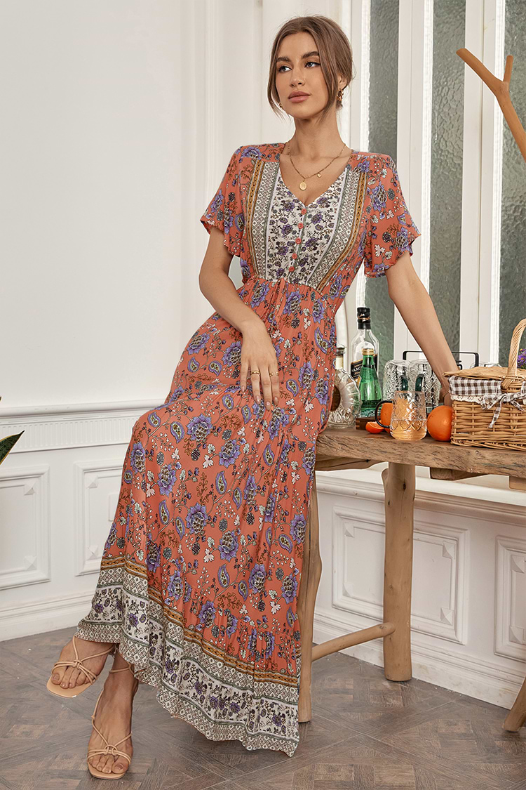 A-förmiges Kleid mit V-Ausschnitt und Boho-Bindung