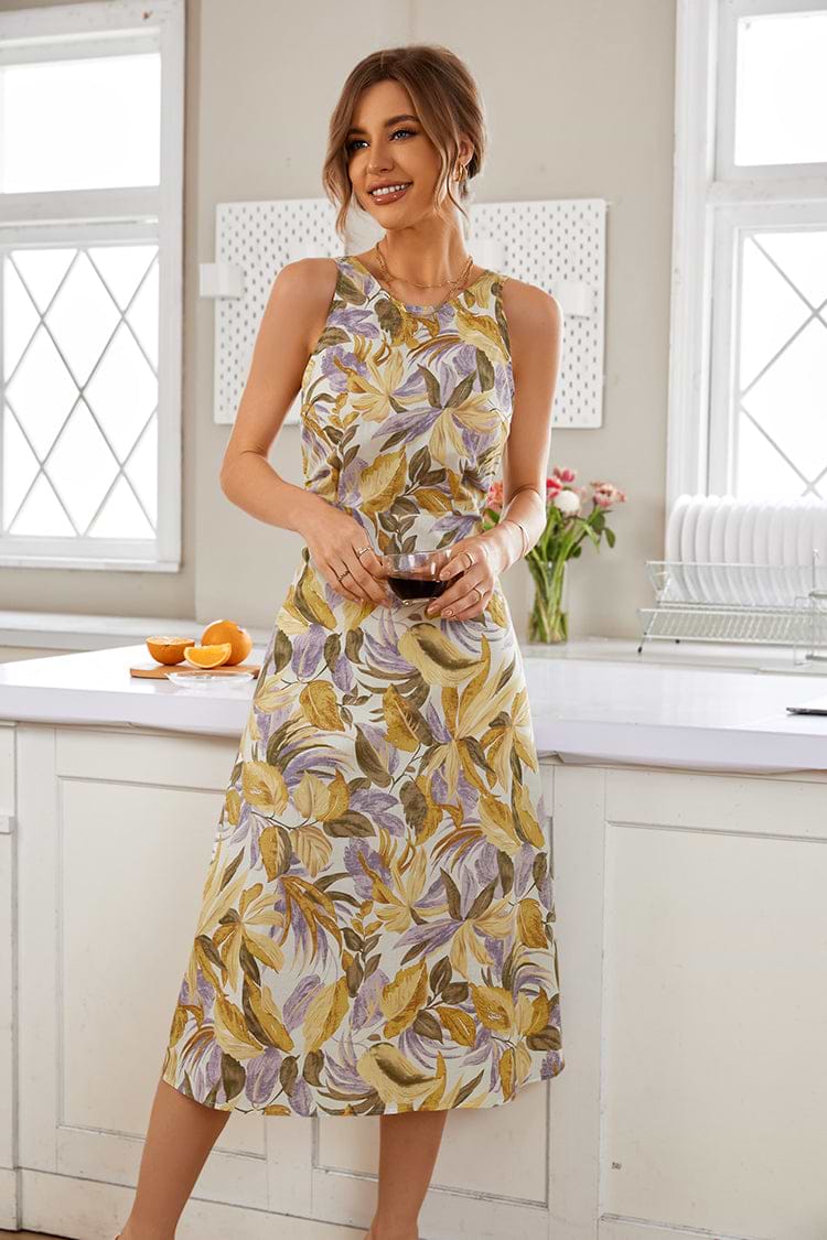 Rundhals Taille binden A-förmiges Kleid mit Cut out