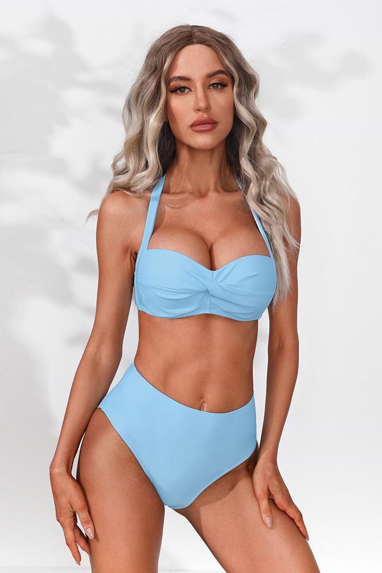 Twist vorne Neckholder Top & High Waist  Push Up Bikini Set in Babyblau